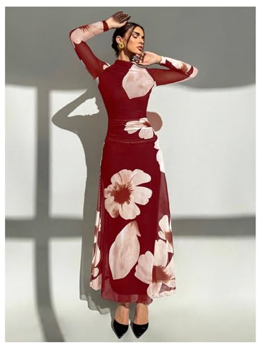 Image of Verdusa Women's Floral Wedding Guest Dress Long Sleeve Mesh Slimming Cocktail Vacation Maxi Dresses