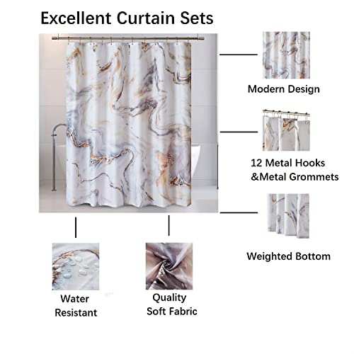 Yostev Grey Gold Marble Shower Curtain, Abstract Marble Shower Curtains For Bathroom Décor, Textured Waterproof Cloth Fabric Shower Curtain Set With 12 Metal Hooks, 72 X 72 Inch #TOP2