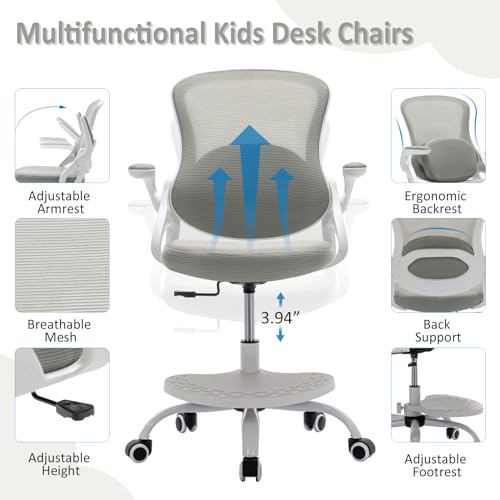 Image of Kids Desk Chair,Ergonomic Study Chair with Adjustable Height,Swivel Mesh Desk Chair with Wheels,Home Office Chair for Children in Home Bedroom Grey