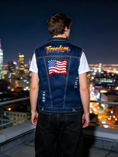 Image of Idopy Men`s American Flag Retro Ripped Denim Jeans Vest Sleeveless Jacket