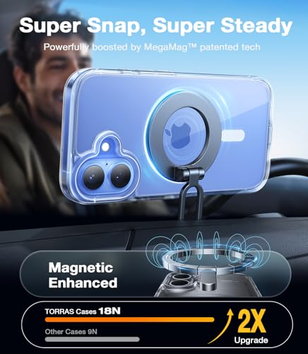 Image of TORRAS Stronger Magnetic Shockproof for iPhone 16 Case, Fit for MagSafe, Never Yellow, 4X Military Grade Drop Protection, Protective Hard Back Plastic Slim Phone Case for iPhone 16 6.1 inch, Clear