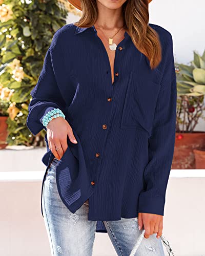 Image of NOLLSOM Casual Shirts for Women Long Sleeve Button Down Blouses Fall 2026 Solid Color Trendy Tops with Pocket