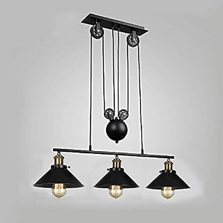 Industrial Vintage Ceiling Pendant Light, Retro Pulley Suspended Rise and Fall Hangging Light E27 Antique Adjustable Black Metal Water Pipe Chandelier, Lamp for Kitchen Island Bar Hallway Dining Room