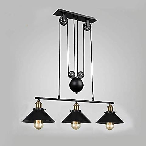 Industrial Vintage Ceiling Pendant Light, Retro Pulley Suspended Rise and Fall Hangging Light E27 Antique Adjustable Black Metal Water Pipe Chandelier, Lamp for Kitchen Island Bar Hallway Dining Room Cover