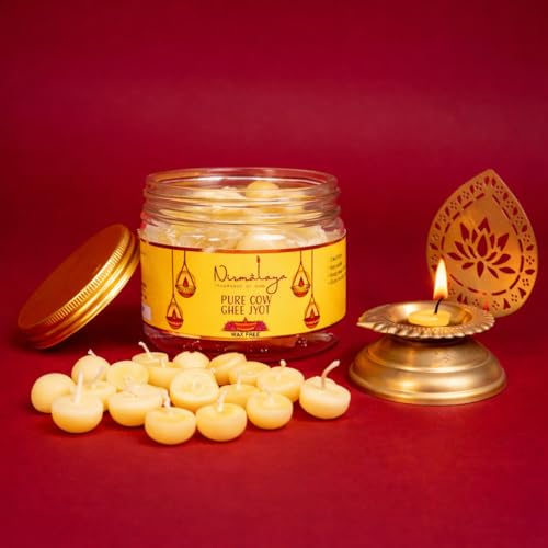Image of Nirmalaya Premium Natural Ready to Use Pure Cow Ghee Jyot Diya Batti for Pooja | 35 Min Burn Time | with Real Rich Aroma | for Puja, Aarti, Festive, Home Fragrance | 100% Wax Free | 50 Battis Pieces