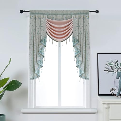 Risuho Luxury Bluish Green Waterfall Swag Valance for Living Room Bedroom Windows European Design Rod Pocket Top (100 cm, 1 Panel)