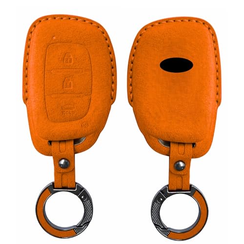 Image of KMH Alcantara Car Key Cover Compatible Hyundai Grand i10 NIOS Asta | Venue | i20 | Aura | Creta | Elantra 3 Button Shell Case Holder Full Key Smart Keycover with Keychain (D1) Orange - Pack of 2
