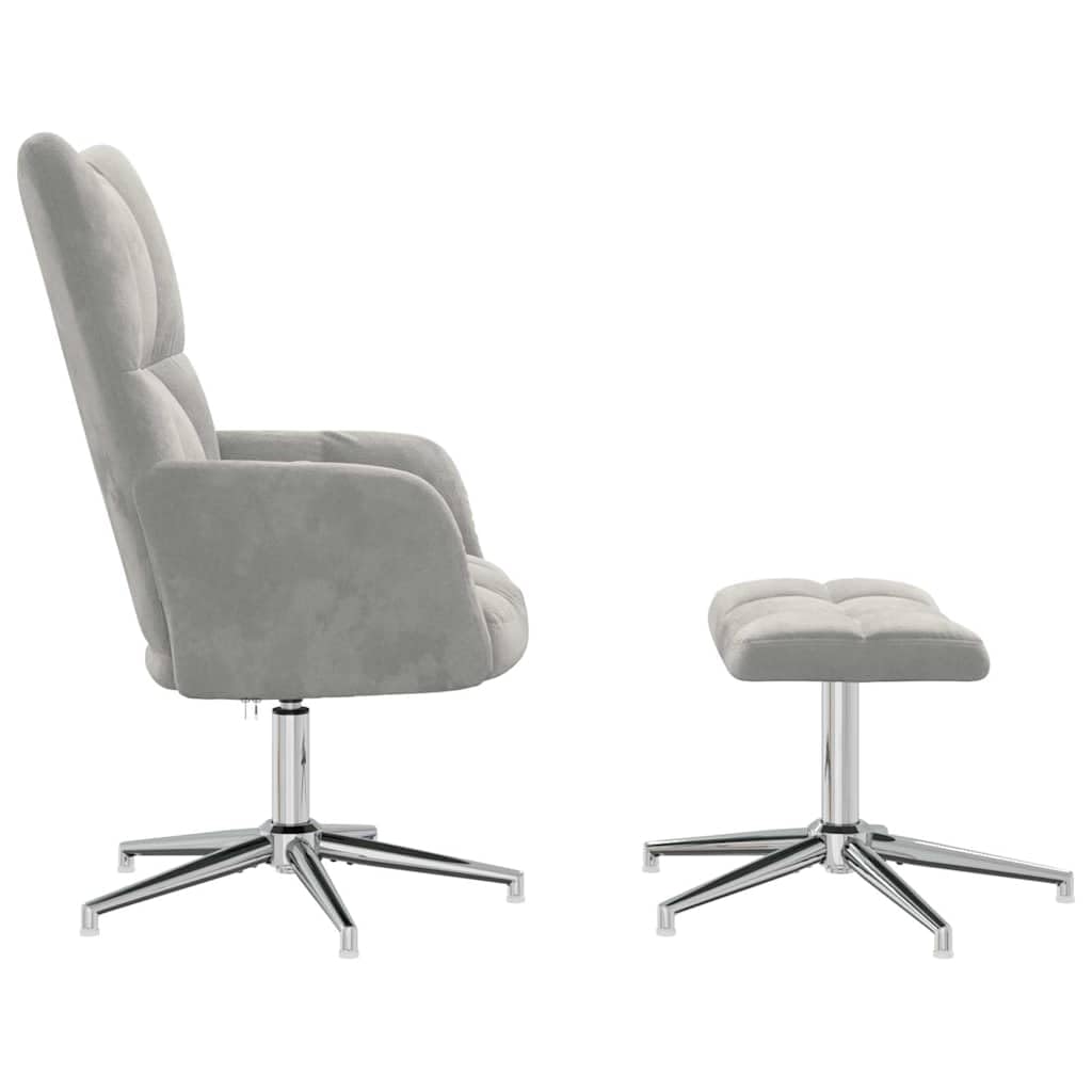 Sillón de relajación con taburete, terciopelo, gris claro, 62 x 68 x 98 cm, diseño cuadrado moderno, giratorio de 360°, cómodo sillón de lectura para salón, dormitorio, oficina