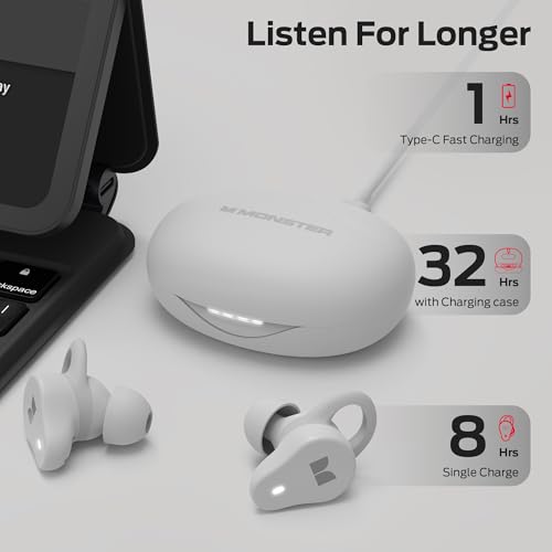 Monster N-Lite 210 Wireless Earbuds, Bluetooth 5.4 in-Ear Stereo Headphones, Built-in Mic for Crystal Clear Call, 32H Playtime, Type-C Charging, Waterproof in-Ear Ear Buds Earphones for Sports, White — view 4