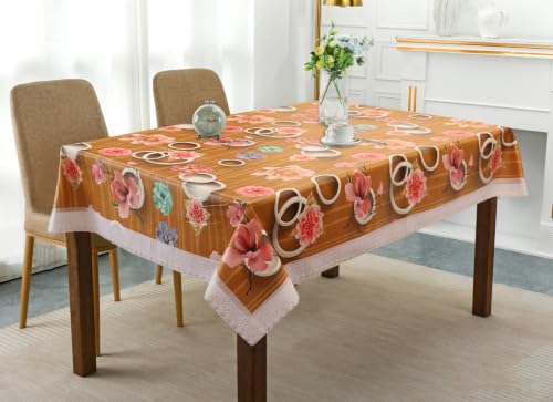Image of Dakshya Industries 6 Seater PVC Waterproof Dining Table Cover 60x90 Inch | Floral Printed Washable Table Cloth with Lace Border