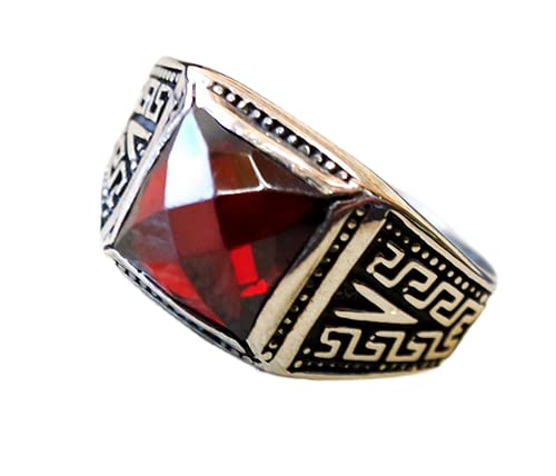 Garnet Men Ring, 925 Sterling Silver Ring, Islamic Jewelry, Gift For Husband, Checker Garnet Gemstone Men's Ring, Bohemian Red Stone Ring, Signet Men's Ring, Statement Ring, Black Enamel Ring