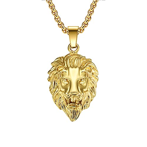 RobertDTesta Collier Pendentif Tête De Lion pour Homme Collier en Acier Inoxydable Viking Gothique Rétro Dominateur Tête De Lion,d'or,60
