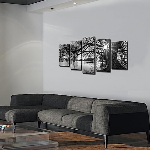 sechars - 5 Pieces Wall Art,Old Tree by Lake Picture Canvas Prints Sunrise Painting Black and White Landscape Canvas Art,Modern Wall Decoration,Framed and Ready to Hang