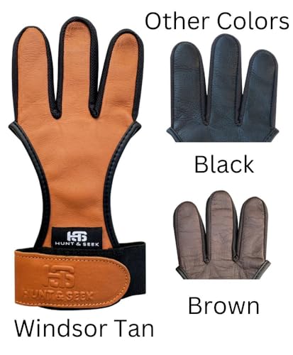 Hunt & Seek Cow Leather Thick Three Finger Archery Shooting Glove for Recurve & Compound Bow – Finger Tab Accessory (Windsor Tan, Medium)