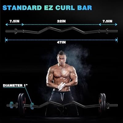 47 EZ Curl Bar Weight Lifting Bar, Standard Barbell Bar for Hip Thrusts/Squats/Lunges for Gym and Home, 1-inch Curling Bars for Weightlifting with 2 Star Collars (300lb Weight Capacity)