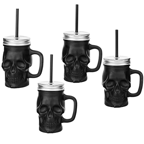 Mygift Matte Black Halloween Skull Wide Mouth Mason Jar Glass Mug With Silver Screw On Lid And Reusable Straw, Decorative Halloween Drinkware - 12 Oz, Set Of 4 #TOP6