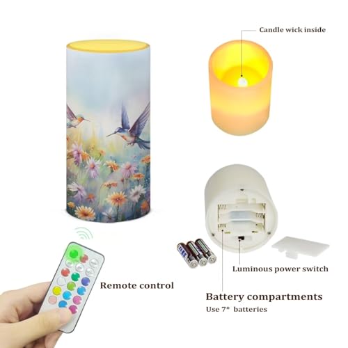 Image of Flameless Candle with 18 Key Remote 4 /8 Hours Timing Color Changing, Flickering Wick Realistic Votive Electric Candle for Patio Desktop Home Ornaments, Hummingbird Daisy Purple