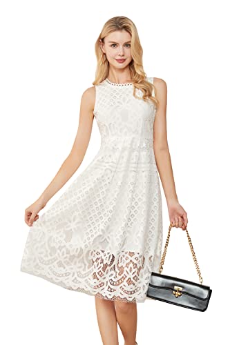Veiisar Women Round Neck Little Vogue Mid Sleeveless Petite Pleated Lace Slim Dress White Xs #TOP2
