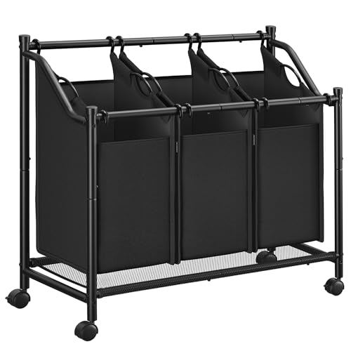 SONGMICS Wäschekorb mit Rollen, Wäschesammler mit 3 abnehmbaren Wäschesäcken, Wäschewagen, für Waschküche Schlafzimmer Badezimmer, 3 x 35 L, tintenschwarz RLS102B01