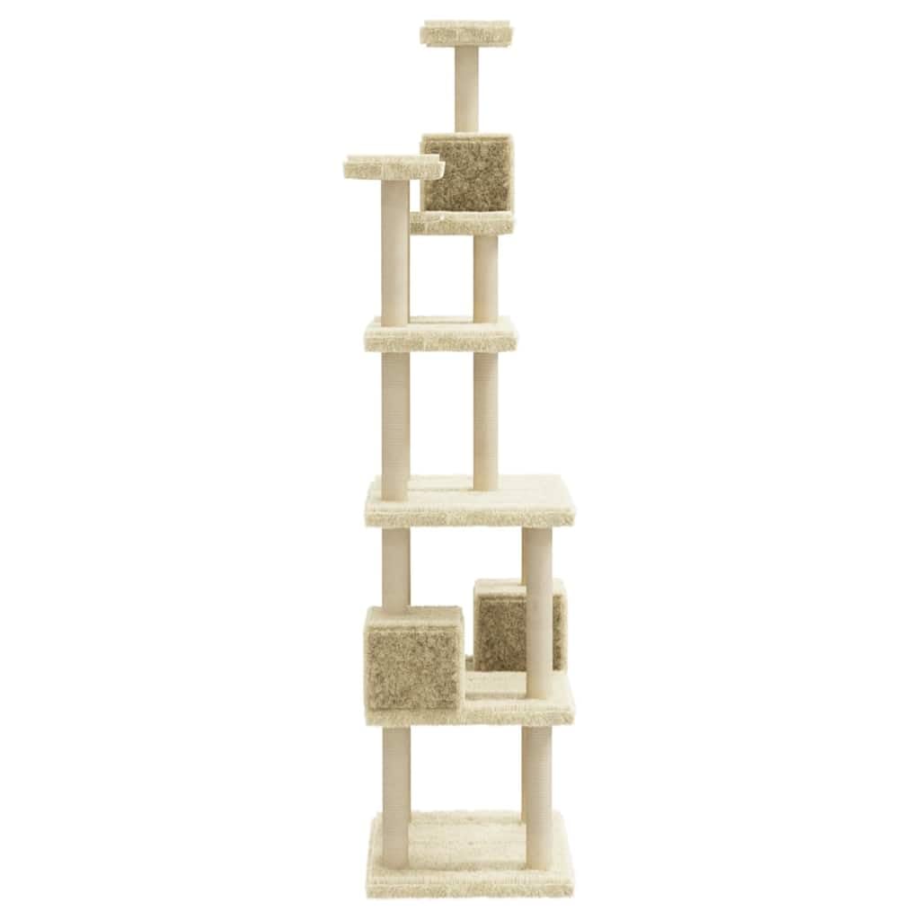 Kratzbaum groß mit 3 Katzenhöhlen, Kletterbaum für Katzen mit Sisal-Kratzsäulen und Plüsch-Aussichtsplattformen, stabiles Katzenmöbel Creme 188 cm hoch