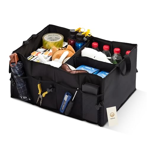Natna Heavy Duty Foldable Car Trunk Organizer Universal Fit for All Vehicles Large Capacity and Spacious Adjustable Compartments Mesh Pockets Collapsible Design Tool Organizer and storage