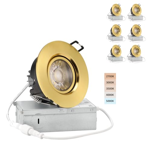 Image of POPANU Premium Shiny Gold 3-inch LED Recessed Lights - 5 CCT 3 Inch Eyeball Ceilling Gimbal Potlight, Dimmable Recessed Lights Fixture with Junction Box, 8W CCT Adjustable, Shiny Gold, 6P
