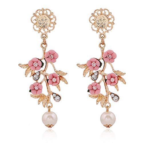 Boho Flower Branches Dangle Earrings Crystal Pearl Baroque Drop Earring Elegant Chic Ceramic Flower Long Dangling Statement Earring For Women Girls Jewelry Gift (Pink) #TOP10