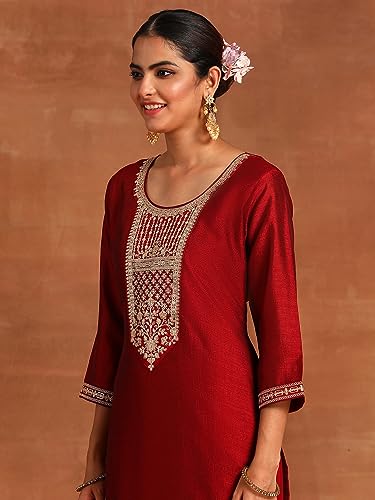 Image of INDO ERA Women's Polyester Maroon Embroidered Straight Kurta Trouser with Dupatta Set