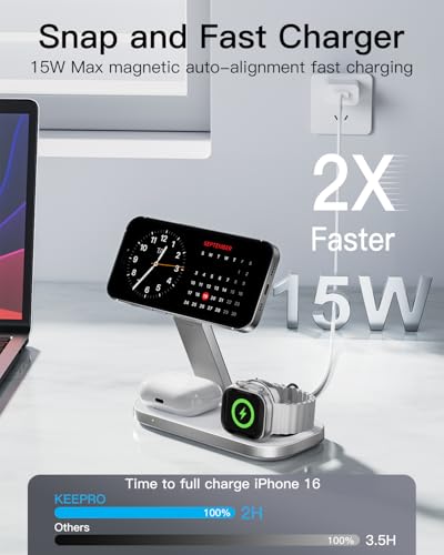 Image of Keepro 3-in-1 Charging Station for Apple Device, Foldable Magnetic Wireless Fast Charger Stand Compatible with MagSafe for iPhone 17e /17 /16 /15 /14 /13 /12 /Air Series, Apple Watch & AirPods-White