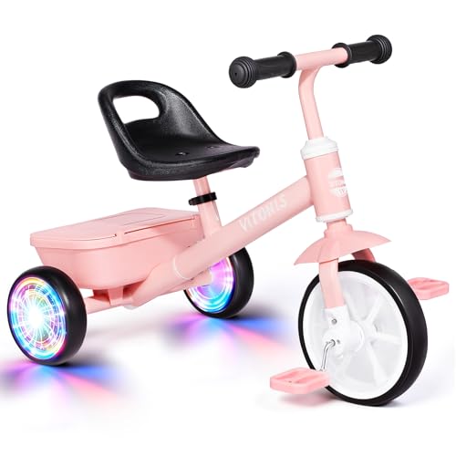 VITONIS Kleinkinder Dreirad ab 2 Jahre, Laufrad für Kinder von 24 Monate bis 5 Jahre, Mit Zwei LED-beleuchteten Rädern, Geschenke und Spielzeug für Jungen und Mädchen，Rosa