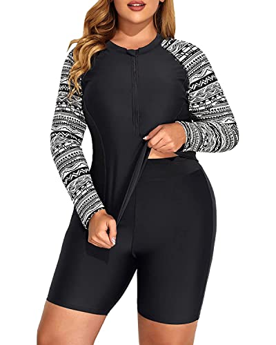 Daci Plus Size Rash Guard for Women - Long Sleeve UPF 50+ Swimsuits 2 Piece Built in Bra Swim Shirt with Shorts Black and Geometry 12W