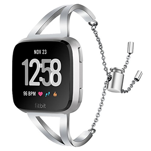 CAGOS Compatible with Fitbit Versa 2 Bands Women, Stainless Steel Bracelet Metal Cuff Accessories Bangle Replacement Wristbands Straps for Fitbit Versa Lite Smarwatch (Silver)