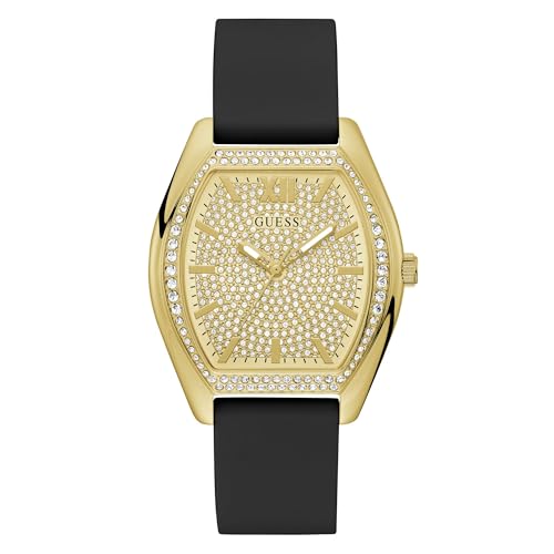 Guess Reloj para Mujer de 39,5 mm, Correa de Silicona Negra, Esfera Dorada, Caja Dorada