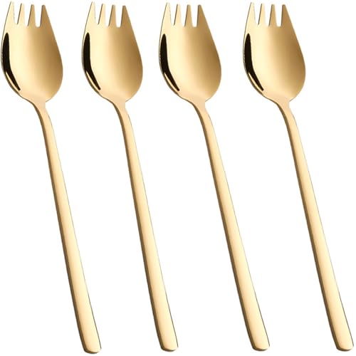 tiokin Sporks - Juego de 4 tenedores de ensalada de acero inoxidable 18/10 de 7.4 pulgadas con mango largo, cucharas de postre, cucharas de helado, juego de cubiertos, tenedores de postre