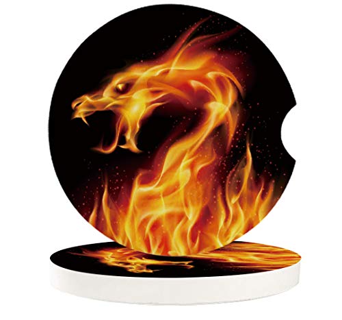 Car Cup Holder Coasters Set of 2, Abstract Fiery Creature on Black Background Legendary Fantastic Asian Illustration, Absorbent Ceramic Stone Drink Coaster with A Finger Notch for Auto Cupholder