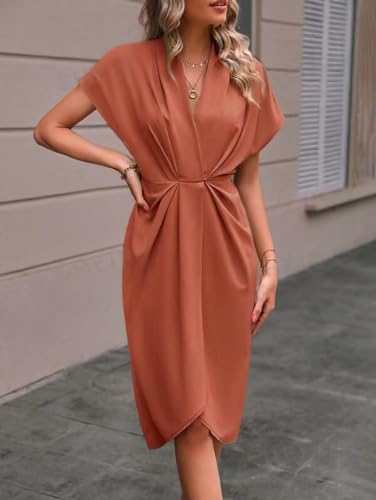 chouyatou Women Elegant Party Business Casual Dress Pencil Short Sleeve Wrap V Neck Bodycon Midi Work Dress4