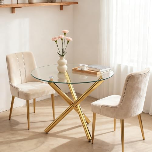 kozamas Table de salle à manger ronde en verre trempé 80 cm avec pieds croisés dorés - Table de cuisine ronde pour 2 à 4 personnes - Table minimaliste en...