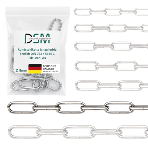 DSM Cadena de acero redondo de eslabones largos similar a DIN 763, 8 mm de diámetro, acero inoxidable A4, inoxidable y resistente a la corrosión, adecuada para jardín, barco, taller y decoración
