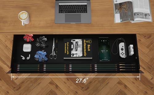 Image of Large Under Desk Mounted Sliding Drawer with Pencil Tray and 60 Degree Tilt Panel to Pull Out, 30'' Long & 13'' deep Large Storage Organizer for Sit Stand Workstation