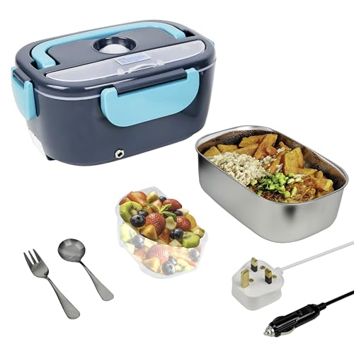 Streetwize - 60W 12V Electric Lunch Box Adults 1.5L Thermal Lunch Box with Fruit Compartment | 230V UK Plug Supplied | Fork and Spoon | Heated Travel Lunch Box for Trucks, Cars, Vans SWLB1
