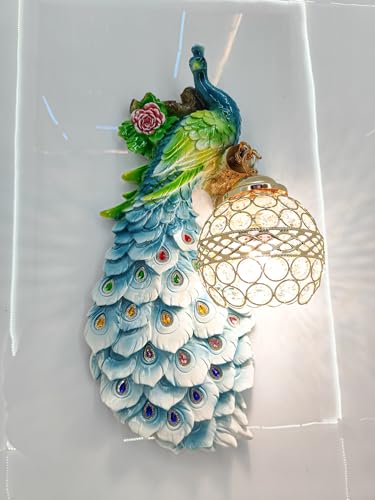 Image of swanart Decorative Plumora Peacock Wall Light with Crystal Lamp - 46 cm Artistic LED Wall Mount Light, Vibrant Colors & Gold Accents for Bedroom, Living Room, and Hallways - 3D Handcrafted Design
