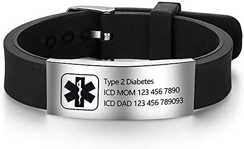 DaMei Personalized Silicone Adjustable Medical Alert Bracelets Waterproof Sport Emergency ID Name Bracelets for Men Women (Black-1)