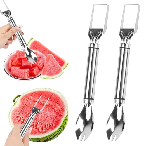 2-in-1 Stainless Steel Fruit Slicer, Melon Cutter, Multifunctional Melon Cutter with Portable Watermelon Fork, Watermelon Cutter for Kitchen, Families, Parties