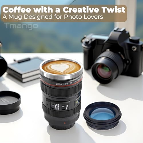 Camera Lens Coffee Mug with Clear Lid and Spoon – Lightweight Lens Cup Replica, Gift for Photographers