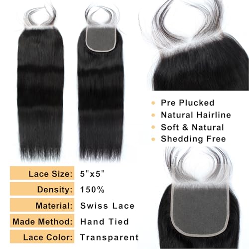 16A Straight Bundles Human Hair with 5x5 HD Lace Closure (16 18 20+14") 100% Real Human Hair 3 Bundles with Closure 3X Longer Lifespan 100% Unprocessed Straight Hair Bundles with Closure Natural Color