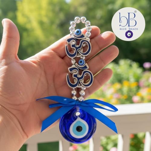Image of BLUE BEADS Turkish Feng Shui Vastu Blue Glass Evil Eye Hanging /Door Hanging Nazar Batu for Protection and Good Luck - Perfect for Gifting Home or Office (Double Om)