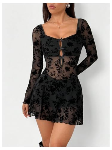 Milumia Women's Floral Lace Cut Out Mini Dress Sexy Long Sleeve Bow Decor Party Club Mesh Short Dresses4