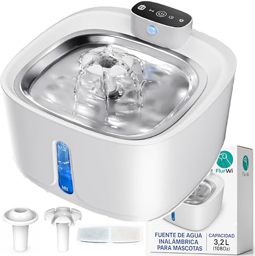 FLURWI Fuente de Agua para Mascotas, 3,2 L, Dispensador Automático con Sensor, Filtración Múltiple, Recargable USB, Silencioso