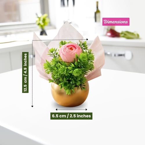 Image of Bombay Greens Gold Metal Pot with Flower Plant | Decorative Indoor Tabletop Flower Pot | Mini Faux Plant for Home & Office Decor | Living Room, Bedroom & Desk Decoration | Gift Item