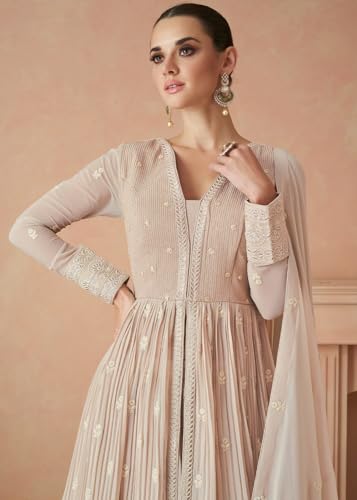 Image of Miss Ethnik Women's Peach Faux Georgette Stitched Top, Bottom and Dupatta Full Sleeve Embroidered Anarkali Gown (ME-1144)